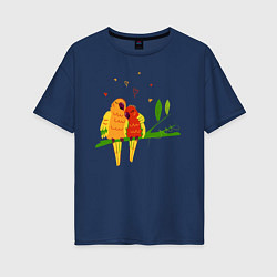 Женская футболка оверсайз Пара влюбленных попугаев на ветке