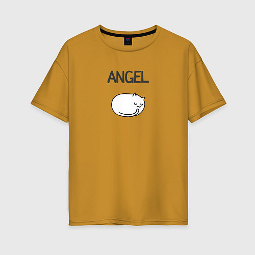 Женская футболка оверсайз Минималистичный кот ангел / Горчичный – фото 1