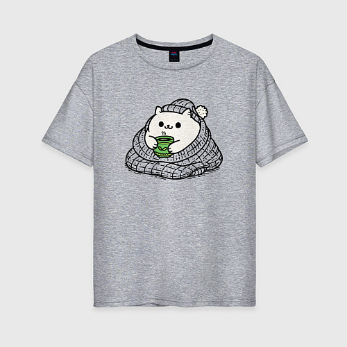 Женская футболка оверсайз Укутанный котик с горячим чаем / Меланж – фото 1