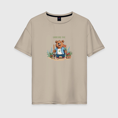 Женская футболка оверсайз Медведь дачник / Миндальный – фото 1