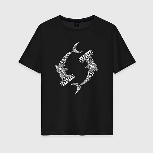 Женская футболка оверсайз Акула молот узор / Черный – фото 1