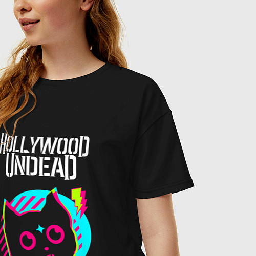 Женская футболка оверсайз Hollywood Undead rock star cat / Черный – фото 3