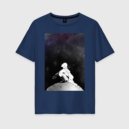 Женская футболка оверсайз Ванпанчмен Сайтама на луне / Тёмно-синий – фото 1
