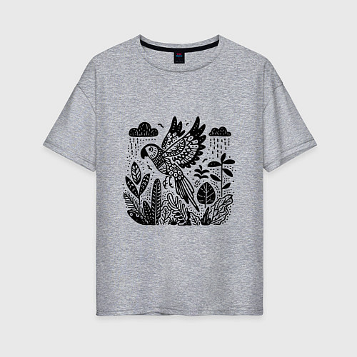 Женская футболка оверсайз Летящий попугай и растения / Меланж – фото 1