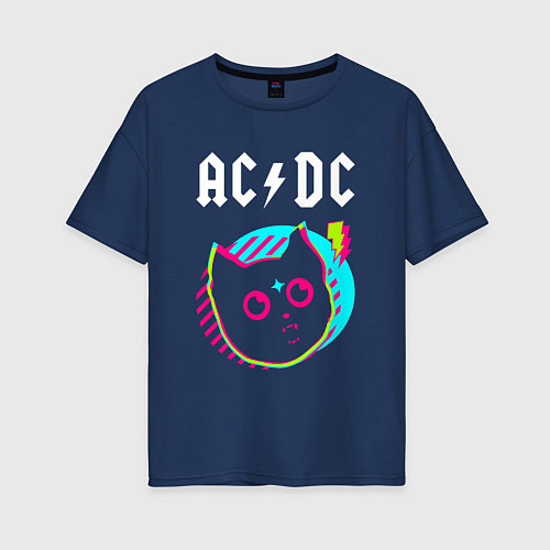 Женская футболка оверсайз AC DC rock star cat / Тёмно-синий – фото 1