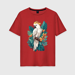 Футболка оверсайз женская Попугай какаду и тропические листья, цвет: красный