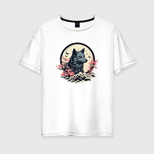 Женская футболка оверсайз Черный волк в горах / Белый – фото 1