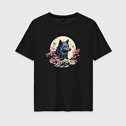 Женская футболка оверсайз Черный волк в горах