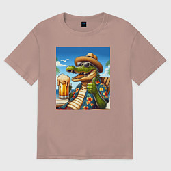 Женская футболка оверсайз Чувак крокодил с пивом на пляже