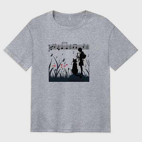 Женская футболка оверсайз Девушка и кот или музыка для души / Меланж – фото 1