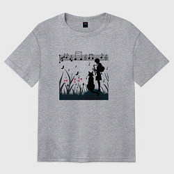 Футболка оверсайз женская Девушка и кот или музыка для души, цвет: меланж