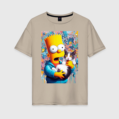 Женская футболка оверсайз Bart Simpson with a kitten - ai art / Миндальный – фото 1