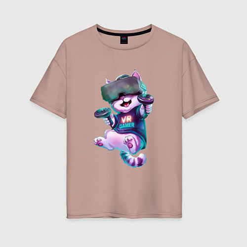 Женская футболка оверсайз Кот-геймер в VR-шлеме / Пыльно-розовый – фото 1