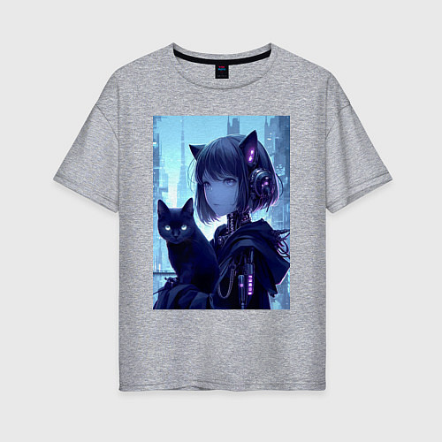 Женская футболка оверсайз Девчонка кошка с котёнком - нейросеть / Меланж – фото 1