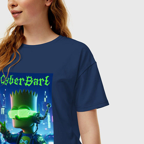 Женская футболка оверсайз Cyber Bart - neon glow ai art / Тёмно-синий – фото 3