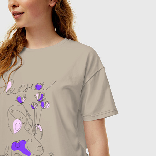 Женская футболка оверсайз Весна в душе лайн арт портрет девушки / Миндальный – фото 3