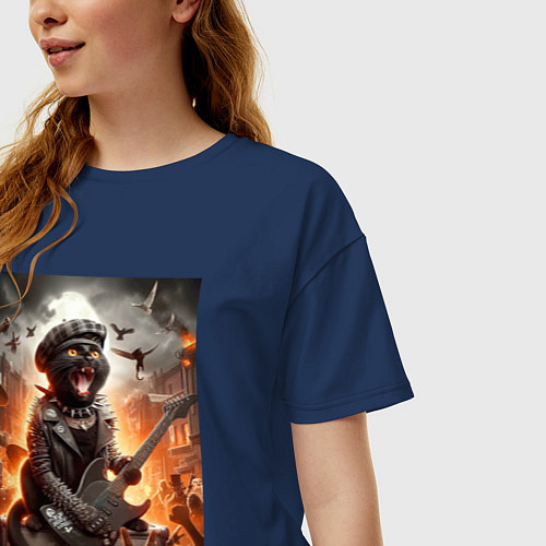 Женская футболка оверсайз Чёрный котик играет на гитаре - нейросеть / Тёмно-синий – фото 3