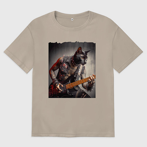 Женская футболка оверсайз Татуированный чёрный котяра рок гитарист / Миндальный – фото 1