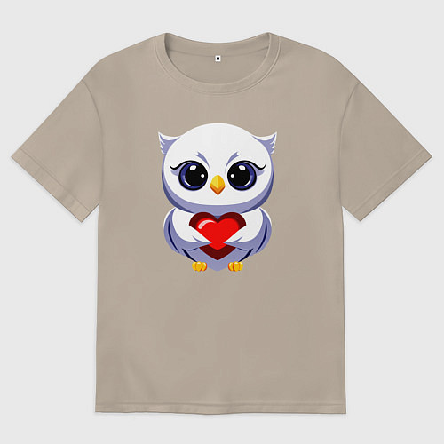 Женская футболка оверсайз Совенок белый с сердечком / Миндальный – фото 1