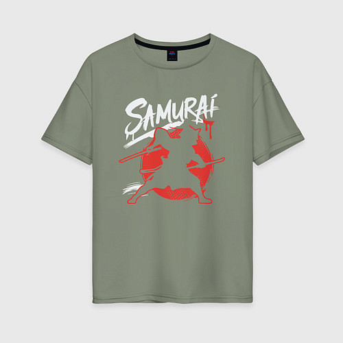 Женская футболка оверсайз Кот самурай силуэт / Авокадо – фото 1