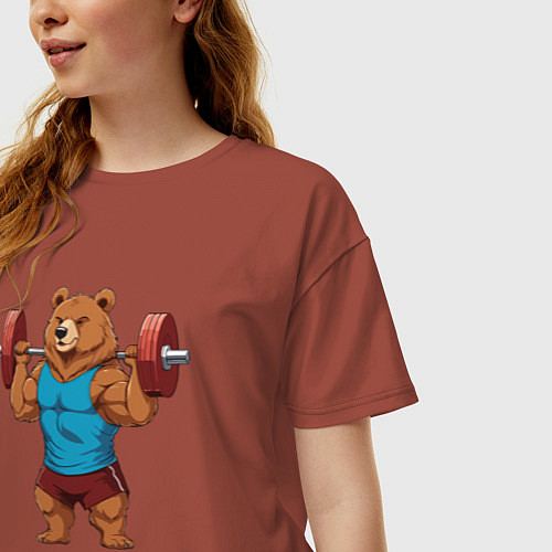 Женская футболка оверсайз Медведь со штангой / Кирпичный – фото 3