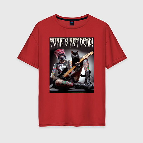 Женская футболка оверсайз Punk girl with a black cat and a guitar / Красный – фото 1
