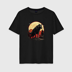 Женская футболка оверсайз Черный волк на горе