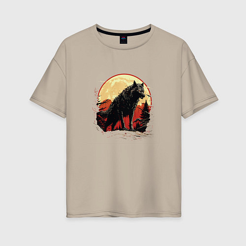Женская футболка оверсайз Черный волк на горе / Миндальный – фото 1