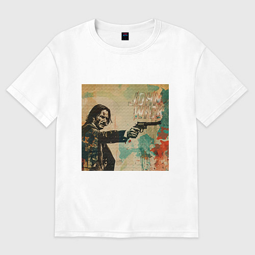 Женская футболка оверсайз Джон Уик с пистолетом портрет в стиле гранж / Белый – фото 1
