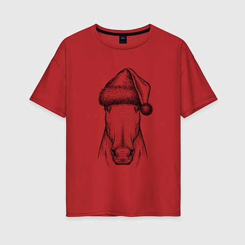 Женская футболка оверсайз Новогодняя лошадь / Красный – фото 1