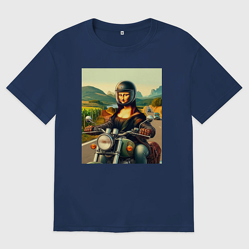 Женская футболка оверсайз Mona Lisa on a motorcycle - ai art / Тёмно-синий – фото 1