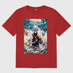 Футболка оверсайз женская Адский рай Габимару цветы, цвет: красный