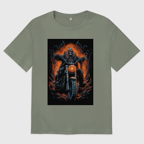 Женская футболка оверсайз Скелет сатаны едет на старом мотоцикле / Авокадо – фото 1