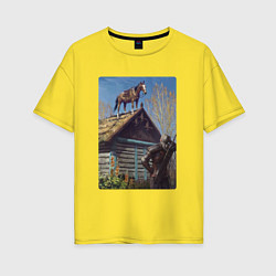 Футболка оверсайз женская Геральд и плотва на крыше - обложка карты из Гвинт, цвет: желтый