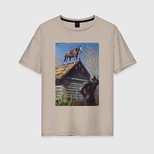 Женская футболка оверсайз Геральд и плотва на крыше - обложка карты из Гвинт / Миндальный – фото 1