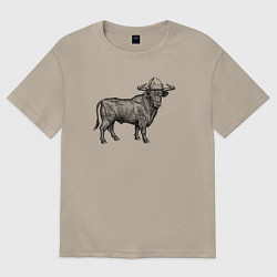 Футболка оверсайз женская Бык в новогодней шапке, цвет: миндальный