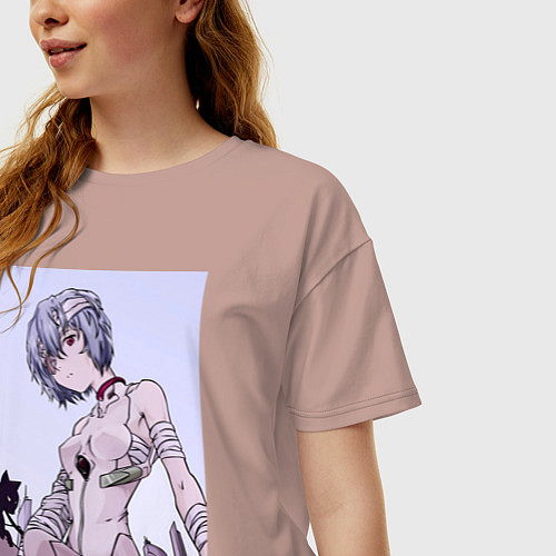 Женская футболка оверсайз Евангелион Рей Аянами кот / Пыльно-розовый – фото 3