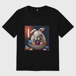 Футболка оверсайз женская Пасхальный зайчик при свечах, цвет: черный
