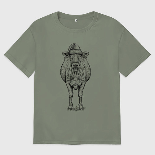 Женская футболка оверсайз Новогодняя корова анфас / Авокадо – фото 1