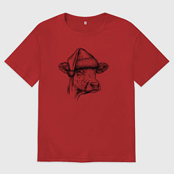 Футболка оверсайз женская Новогодняя Буренка, цвет: красный