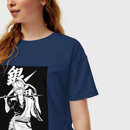 Женская футболка оверсайз Гинтама Самурай / Тёмно-синий – фото 3