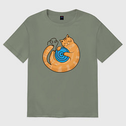 Женская футболка оверсайз Арт мультяшный рыжий кот с клубком спит котуром