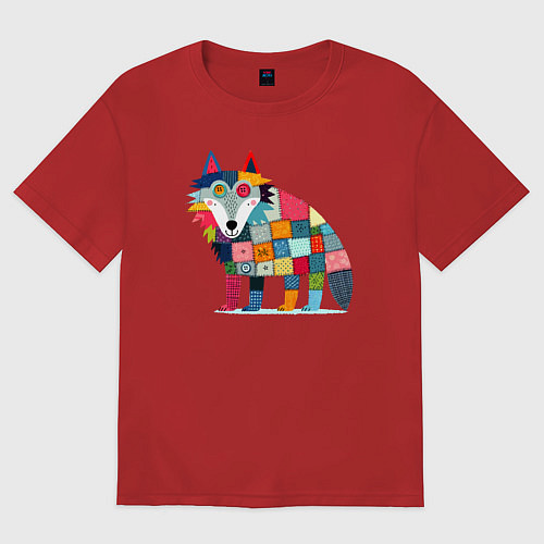 Женская футболка оверсайз Funny wolf - patchwork ai art / Красный – фото 1