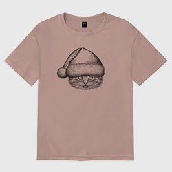 Женская футболка оверсайз Котенок в новогоднем колпаке