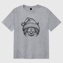 Женская футболка оверсайз Кот в новогодней шапке