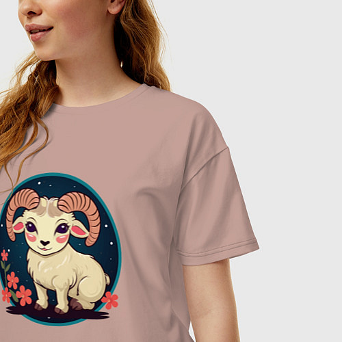 Женская футболка оверсайз Барашек знак зодиака Овен на фоне цветов / Пыльно-розовый – фото 3