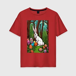 Футболка оверсайз женская Пасхальный кроль в лесу, цвет: красный