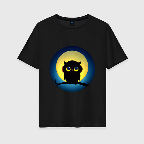 Женская футболка оверсайз Совенок в наушниках на фоне луны / Черный – фото 1