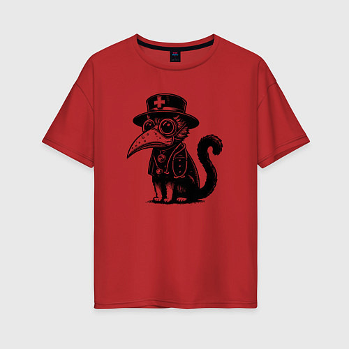 Женская футболка оверсайз Кот в маске чумного доктора / Красный – фото 1