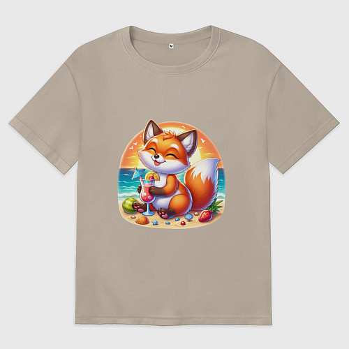 Женская футболка оверсайз Лисы на пляже пьет коктейль / Миндальный – фото 1